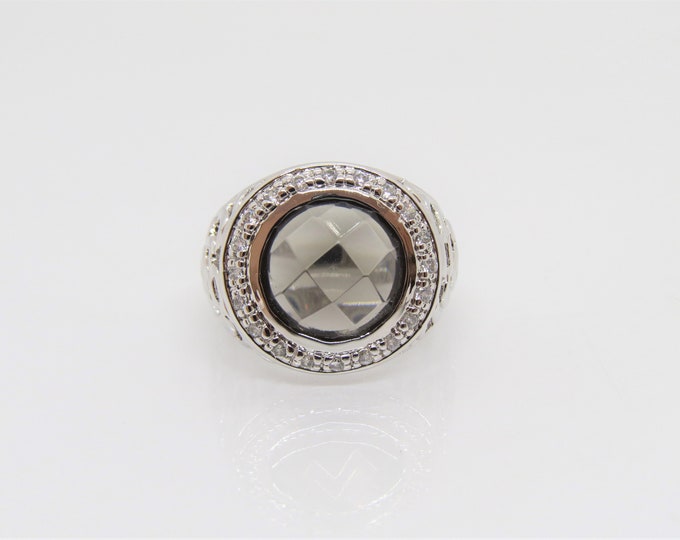 Vintage Modernist Sterling Silver Smoky Topaz & White Topaz Dome Ring Size 8