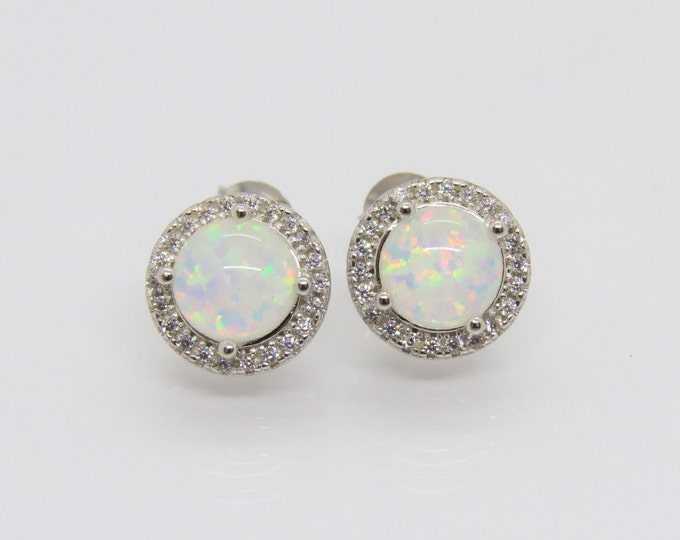 Vintage Sterling Silver Round White Opal & White Topaz Halo Earrings