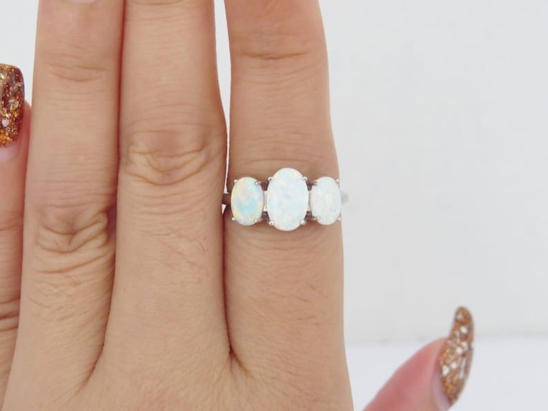 Vintage Sterling Silver White Opal Three stone Ring Size 6