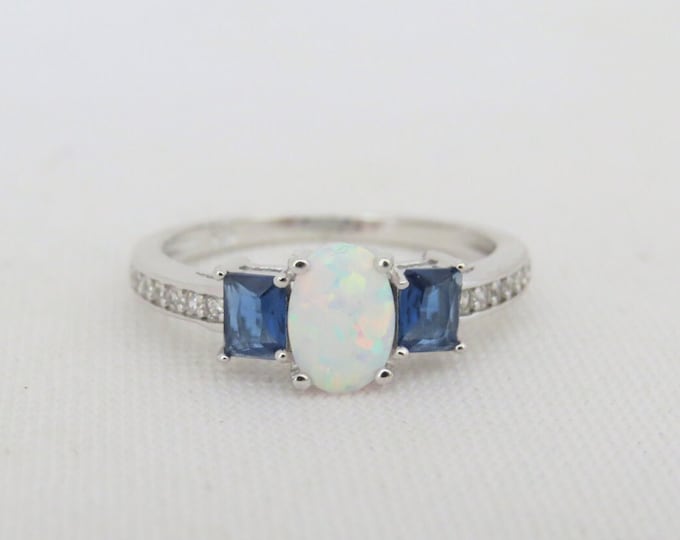Vintage Sterling Silver White Opal, Blue Sapphire & White Topaz Ring Size 7
