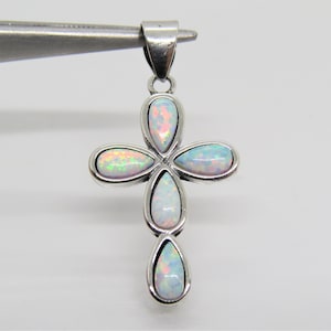 Vintage Sterling Silver White Opal Cross Charm Pendant