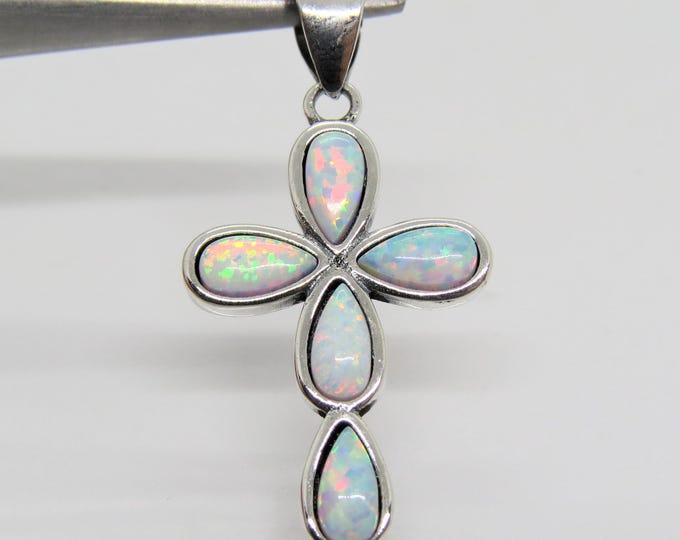 Vintage Sterling Silver White Opal Cross Charm Pendant