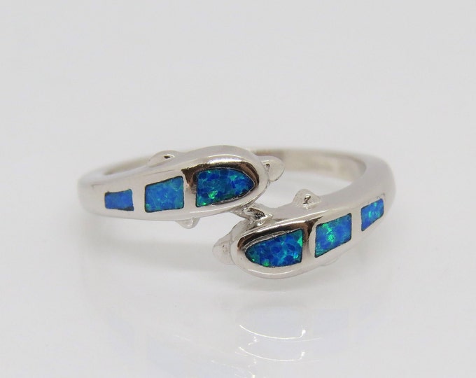 Vintage Sterling Silver Blue Opal Dolphins Ring Size 6