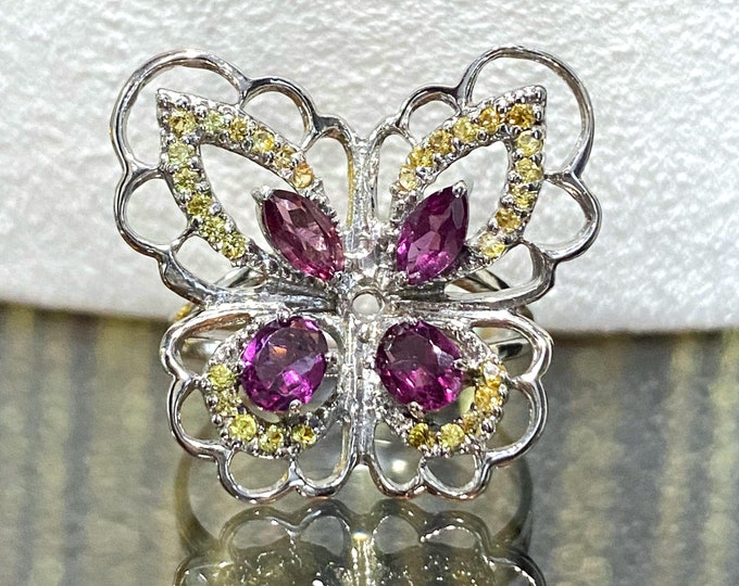 Vintage Sterling Silver Natural Rhodolite & Yellow Sapphire Butterfly Ring Size 9