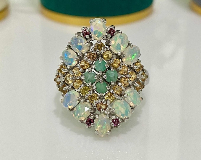 Vintage Sterling Silver Natural Emerald, Citrine, Fire Opal & Rhodolite Ring Size 8 1/4