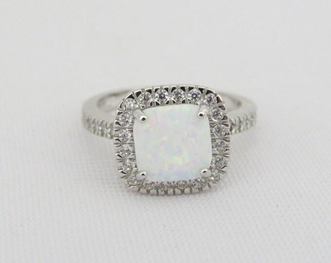 Vintage Sterling Silver White Opal & White Topaz Halo Ring Size 7