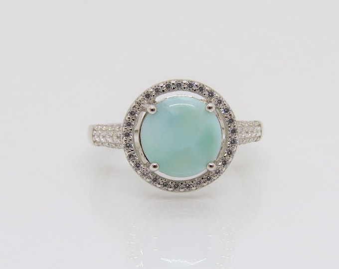 Vintage Sterling Silver Round cut Natural Larimar & White Topaz Engagement Ring Size 8