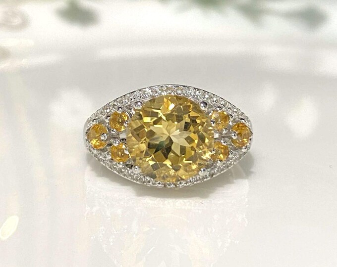 Vintage Sterling Silver Natural Citrine & White Topaz Ring Size 7.75