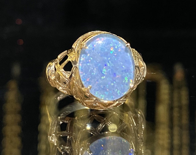 Vintage 14K Solid Yellow Gold Opal Doublet Filigree Ring Size 7