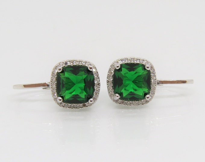 Vintage Sterling Silver Cushion cut Emerald & White Topaz Earrings