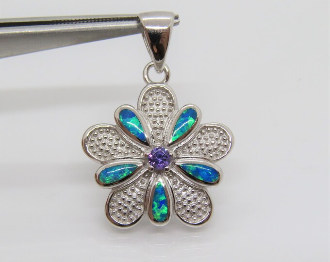 Vintage Sterling Silver Blue Opal & Amethyst Flower Pendant