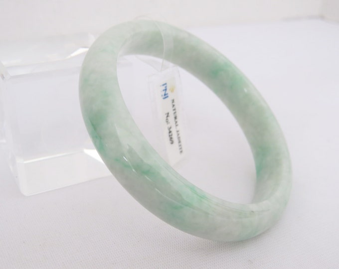Vintage Natural Icy Green White Jadeite Jade Wide Bangle Bracelet 58MM