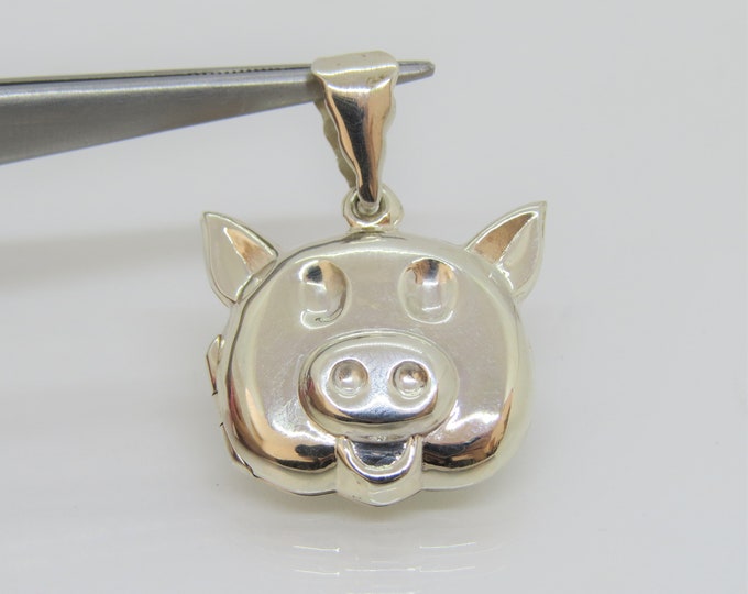 Vintage Sterling Silver Carved Pig Locket Pendant