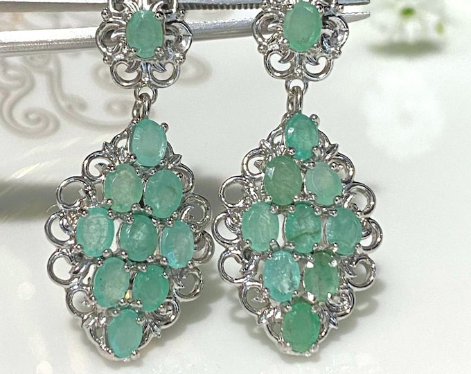 Vintage Sterling Silver Natural Oval Cut Emerald Filigree Earrings.