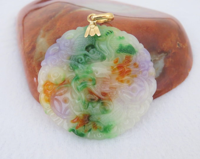 Vintage 18K Solid Yellow Gold Carved Dragon Purple, Green & Yellow Jadeite Jade Pendant