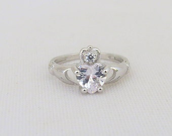 Vintage Claddagh Sterling Silver White Topaz Ring Size 6