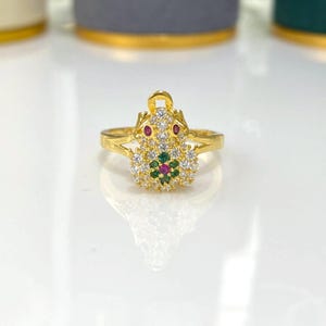 Vintage 15K Solid Yellow Gold Frog Ring, Emerald, White Topaz, Ruby Eyes, Size 5.