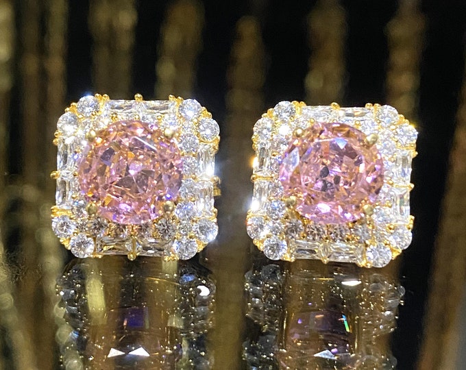 Vintage 15K 610 Solid Yellow Gold Pink Sapphire & White Topaz Earrings.