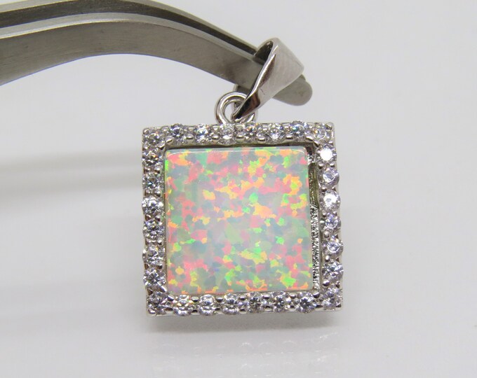 Vintage Sterling Silver White Opal, White Topaz Square Pendant