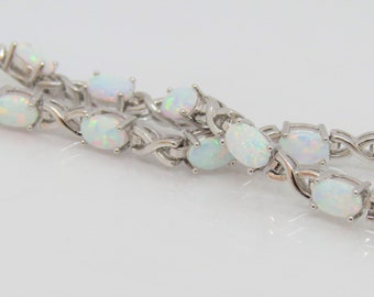 Vintage Sterling Silver Oval cut White Opal Link Bracelet 7 1/2''