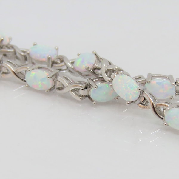 Vintage Sterling Silver Oval cut White Opal Link Bracelet 7 1/2''