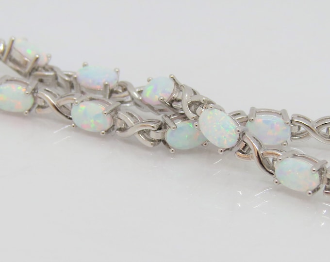 Vintage Sterling Silver Oval cut White Opal Link Bracelet 7 1/2''