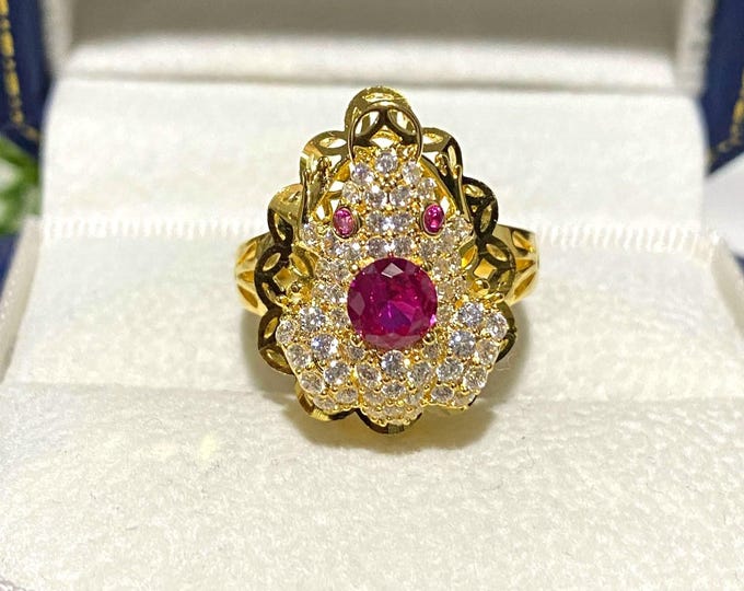 Vintage 15K 610 Solid Yellow Gold Ruby & White Topaz Ruby Eye's Frog Ring Size 7
