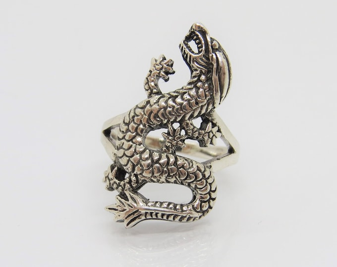 Vintage Sterling Silver Dragon Long Ring Size 10