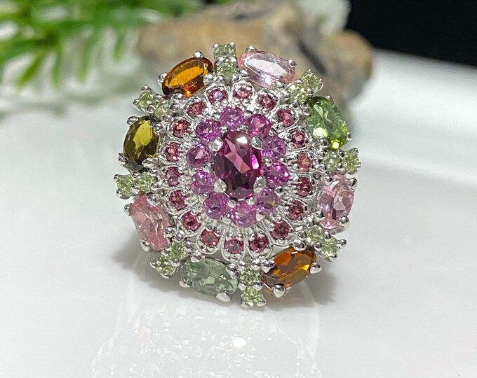Vintage Sterling Silver Natural Multi Color Tourmaline & Rhodolite Ring Size 7.5