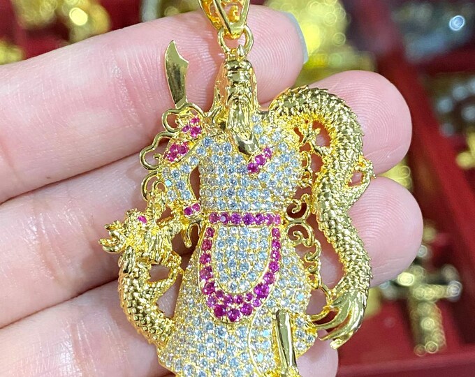 Vintage 15K 610 Solid Yellow Gold Ruby & White Topaz Guan Yu, Warrior Guan Gong Dragon Pendant. Mat Ong Quan Cong.