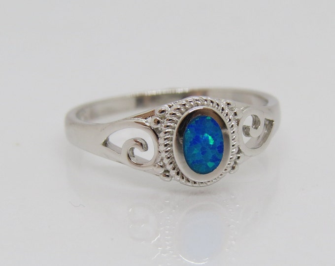 Vintage Sterling Silver Blue Opal Filigree Ring Size 7