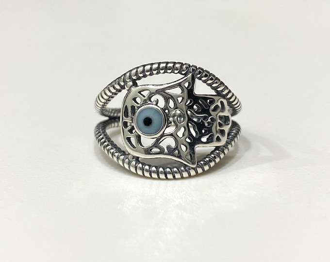 Vintage Sterling Silver Hamsa Hand & Eye Twisted Band Ring Size 10