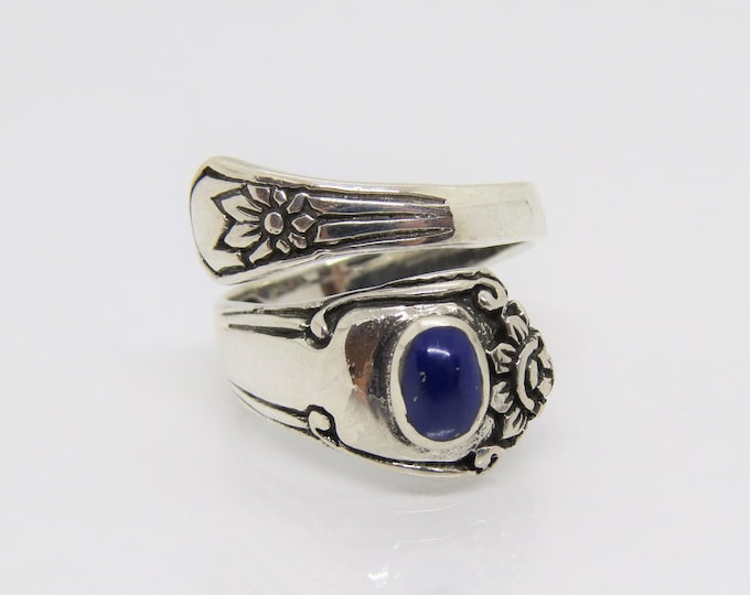 Vintage Sterling Silver Lapis Lazuli Spoon Ring Size 7