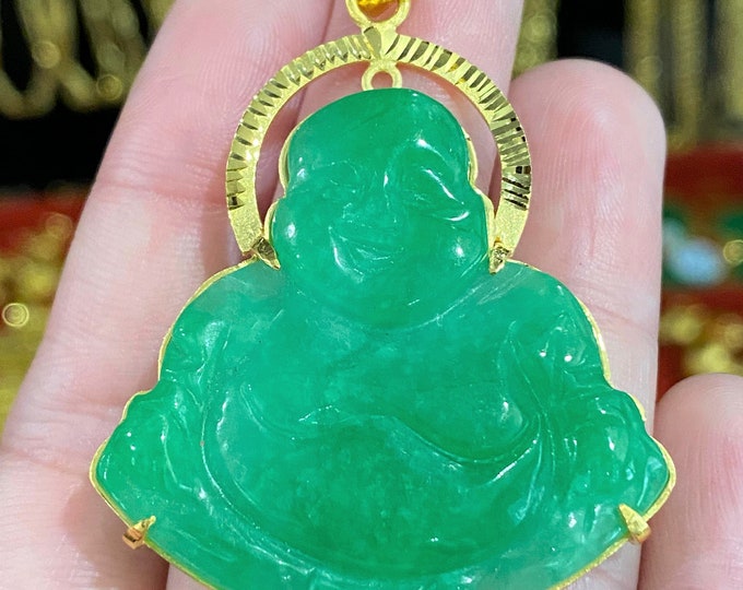 Vintage 24K 980 Solid Gold Green Jadeite Jade Laughing Buddha, Happy Buddha Pendant.
