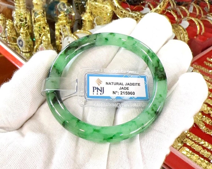 Vintage Translucent Natural Green, White & Black Jadeite Jade Bangle Bracelet 53.4MM