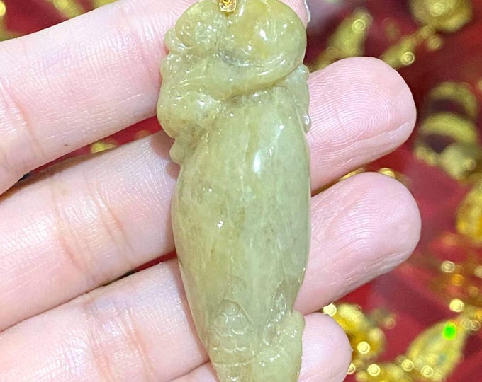 Vintage 18K Solid Yellow Gold Natural Honey Yellow Jadeite Jade Monkey Peanut Ruyi Pendant