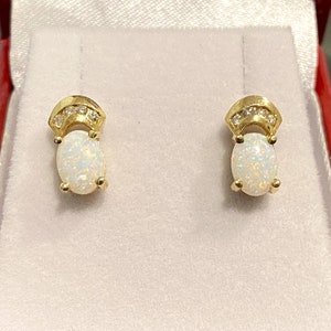 Vintage 14K Solid Yellow Gold Oval White Opal & Diamond Earrings.