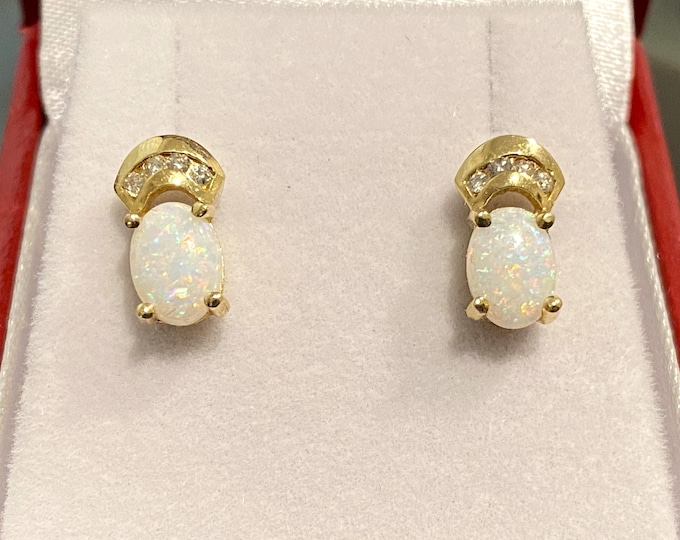 Vintage 14K Solid Yellow Gold Oval White Opal & Diamond Earrings.