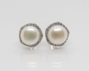 Vintage Sterling Silver Freshwater Pearl & White Topaz Earrings