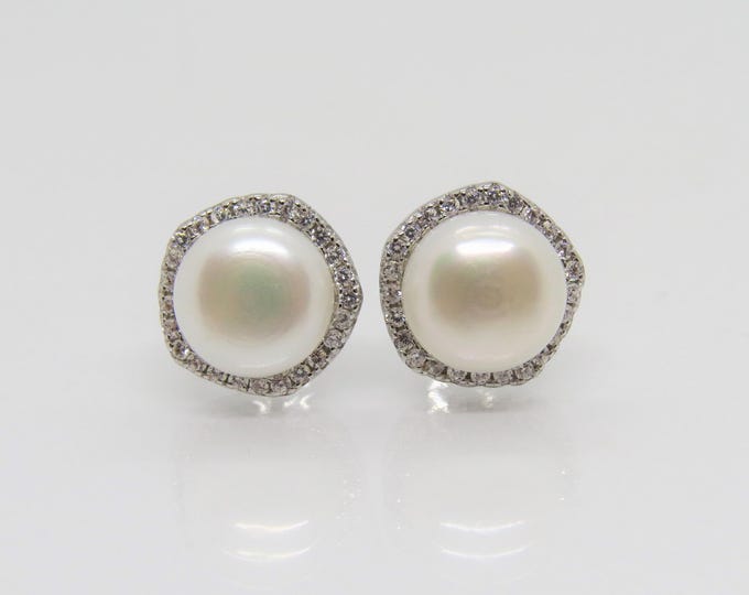 Vintage Sterling Silver Freshwater Pearl & White Topaz Earrings