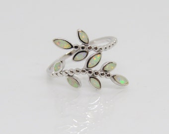 Vintage Sterling Silver White Opal Leaves Ring .