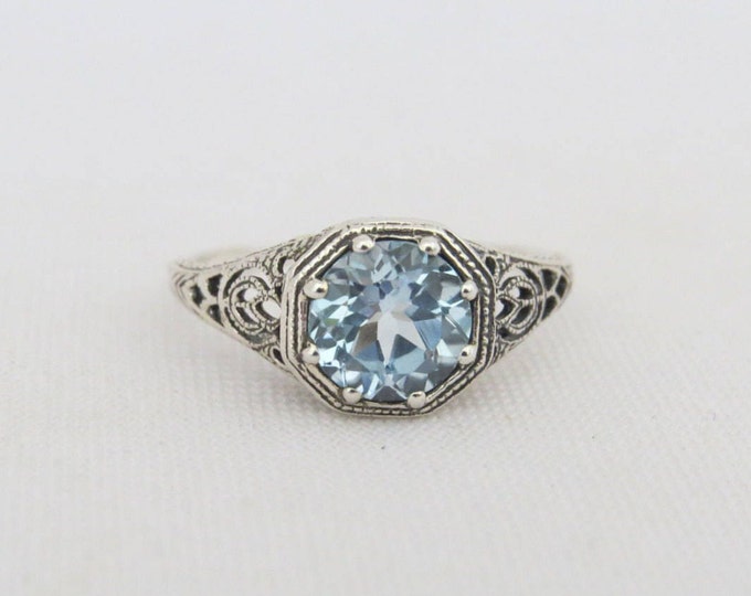Vintage Sterling Silver Round Aquamarine Filigree Ring Size 9