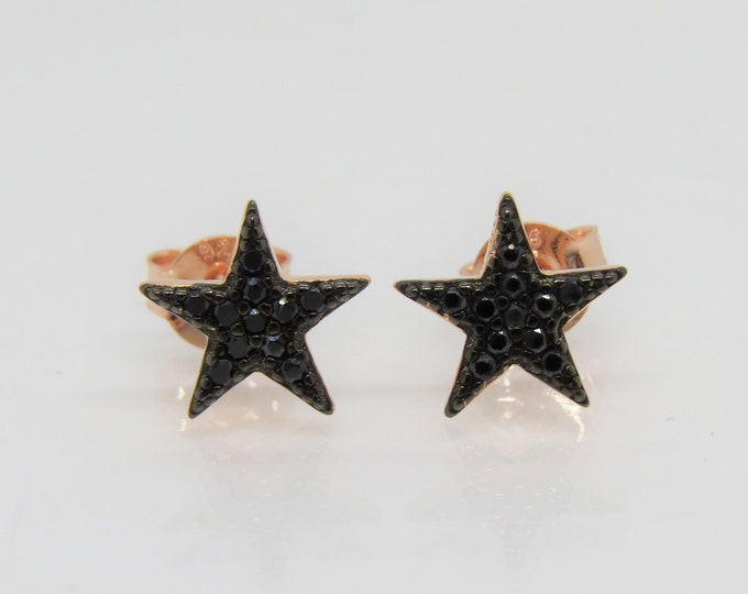 Vintage Sterling Silver Rose Gold Plated Black Sapphire Star Earrings
