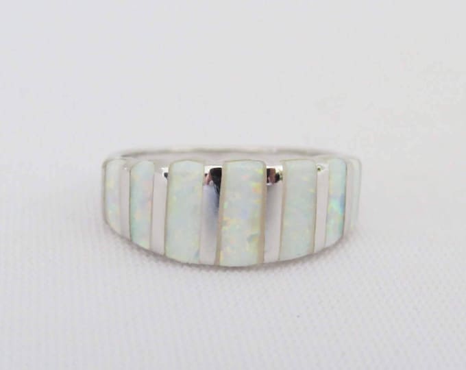Vintage Sterling Silver Inlay White Opal Band Ring Size 5