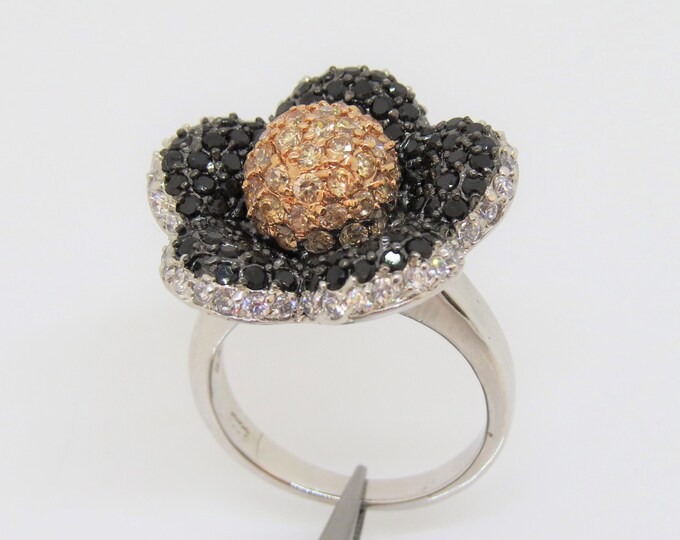 Vintage Sterling Silver Black & White Sapphire Flower Pave Ring Size 8