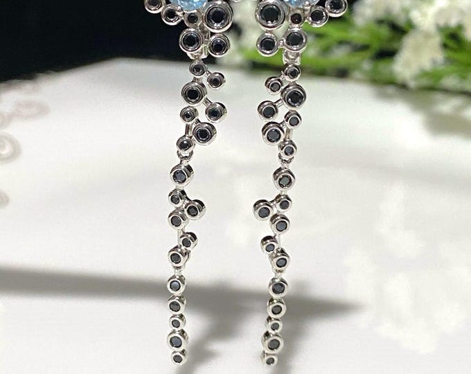 Vintage Sterling Silver Natural Aquamarine & Black Sapphire Dangle Earrings.