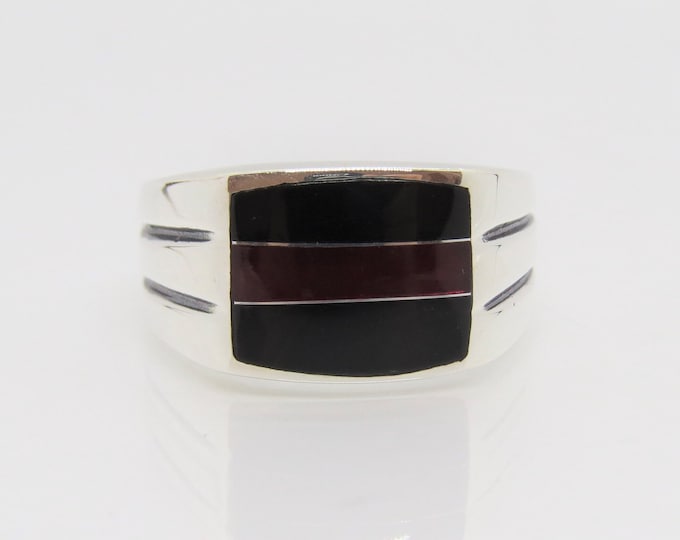 Vintage Sterling Silver Black Onyx & Carnelian Men's Ring Size 13