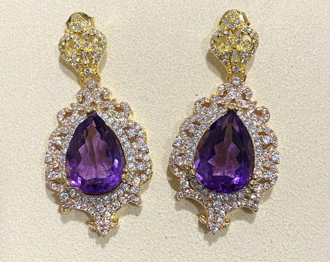 Vintage Sterling Silver 14k Gold Plate Natural Pear cut Amethyst & White Topaz Dangle Earrings.
