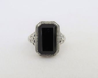 Vintage Sterling Silver Natural Black Onyx Carved Ring Size 9 | Etsy