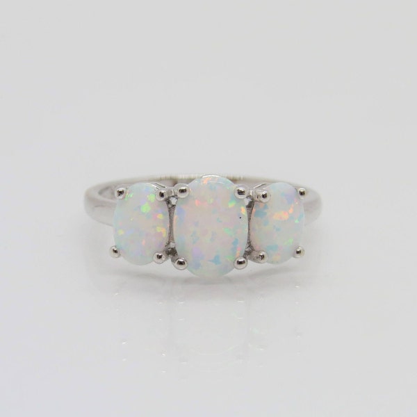 Sterling Silver White Opal Three stone Ring Size 6